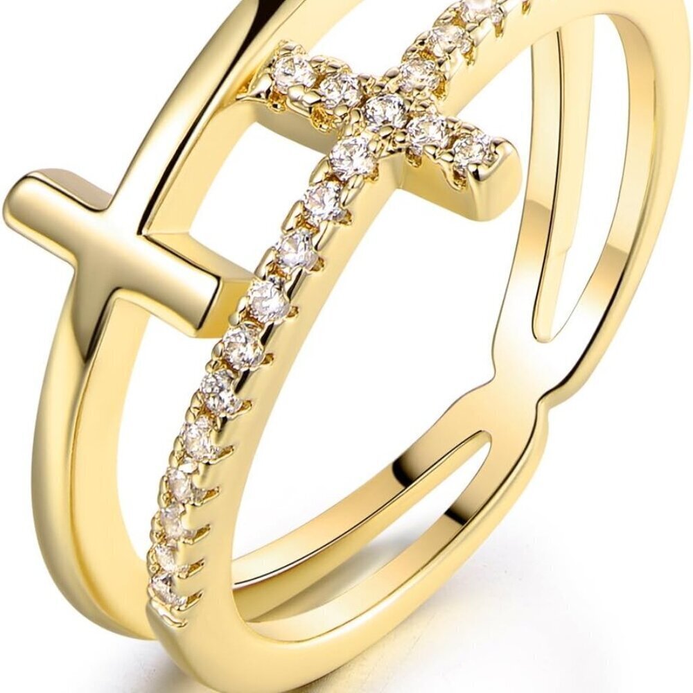 18k Gold Plated Double Cross Ring Cubic Zirconia Womens Jewelry Size 8